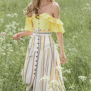 Yellow Embroidery Anglaise Cotton Corset Top With Frilled Sleeve